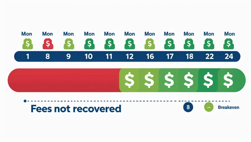 Auto loan refinance breakeven timeline showing fees not recovered zone and pure savings zone