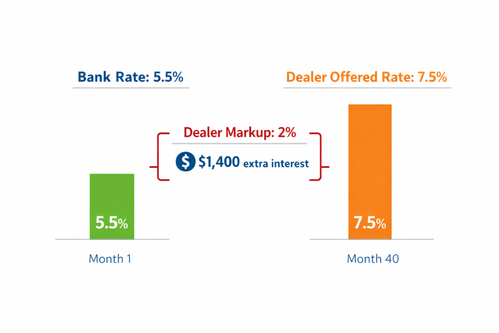 Auto loan dealer rate markup chart showing bank rate vs dealer offered rate difference
