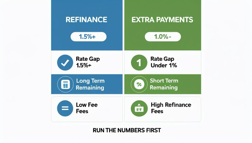 Refinance vs extra payments comparison chart showing when each option makes more financial sense