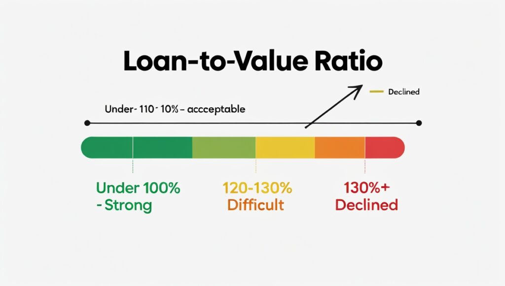 Loan to value ratio approval meter showing strong acceptable difficult and declined zones