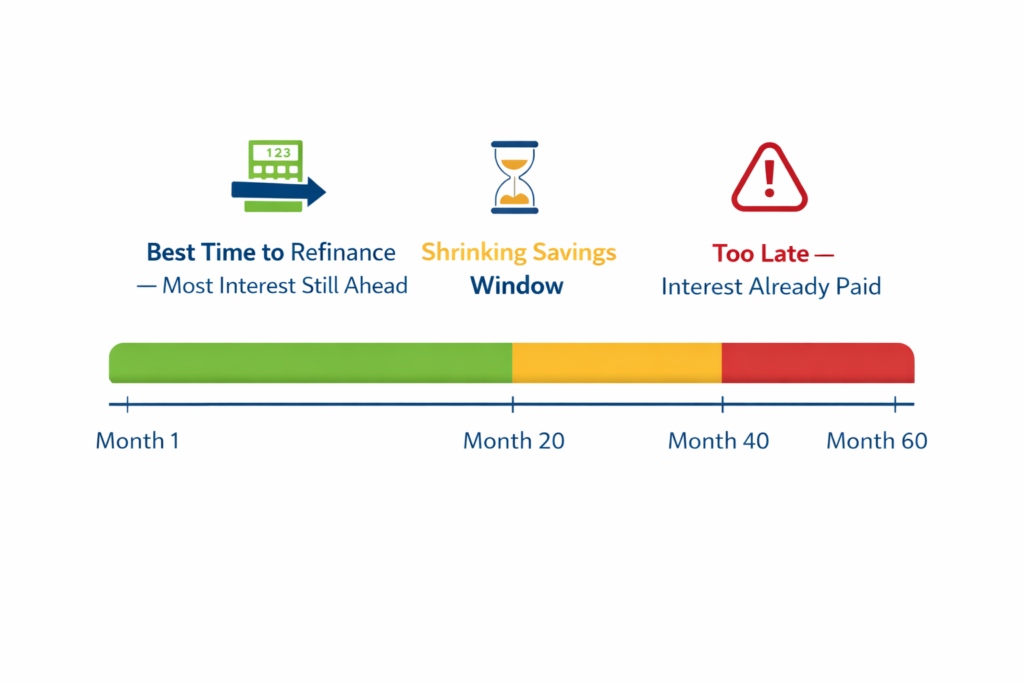 Auto loan refinance timing chart showing best window is months 1 to 20 when most interest is still ahead