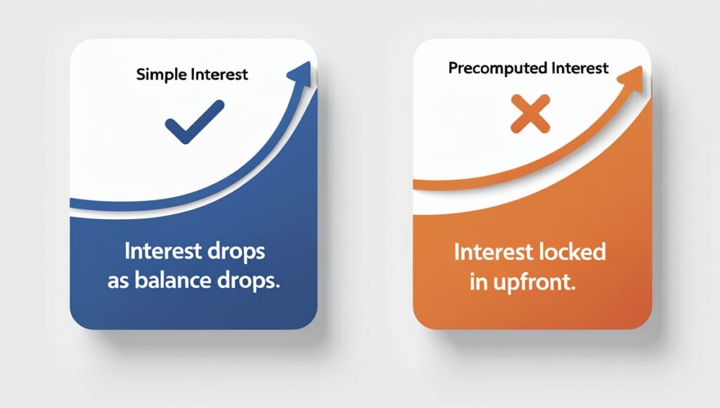 Simple interest vs precomputed interest comparison showing how each method calculates auto loan cost